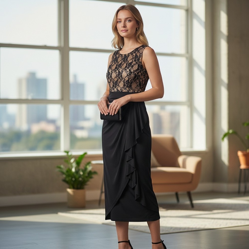 Lauren Ralph Lauren Womens 4 Lace Bodice Ruffle Draped Sheath Dress Black Tan
